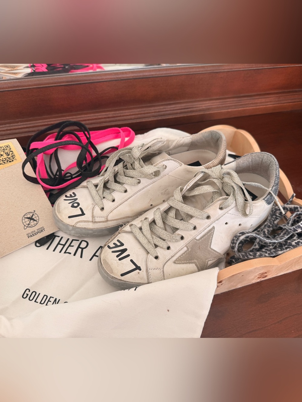 Golden Goose White Leather Sneakers with Silver Star and Black Marker Detail